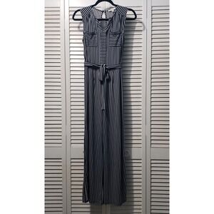 Monteau Sleeveless Jumpsuit Women's Medium Black White Striped Wide Leg V-Neck